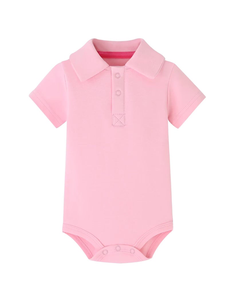 Teach Leanbh Baby Boys Pure Color Cotton Short Long Sleeve Polo Bodysuit 3-24 Months (Pink, 3 Months) - Image 1